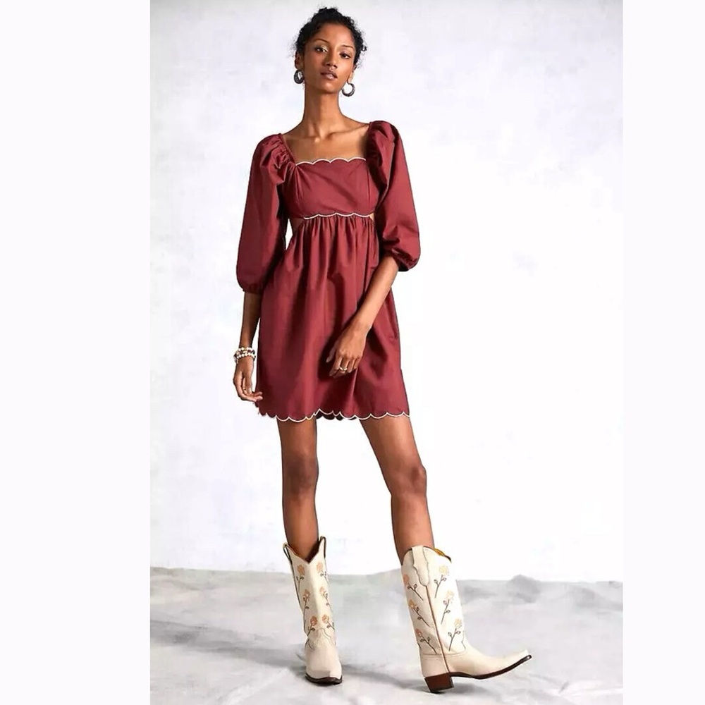 NWT Anthropologie Forever That Girl Sandalwood Brown Scalloped Dress MSRP$160